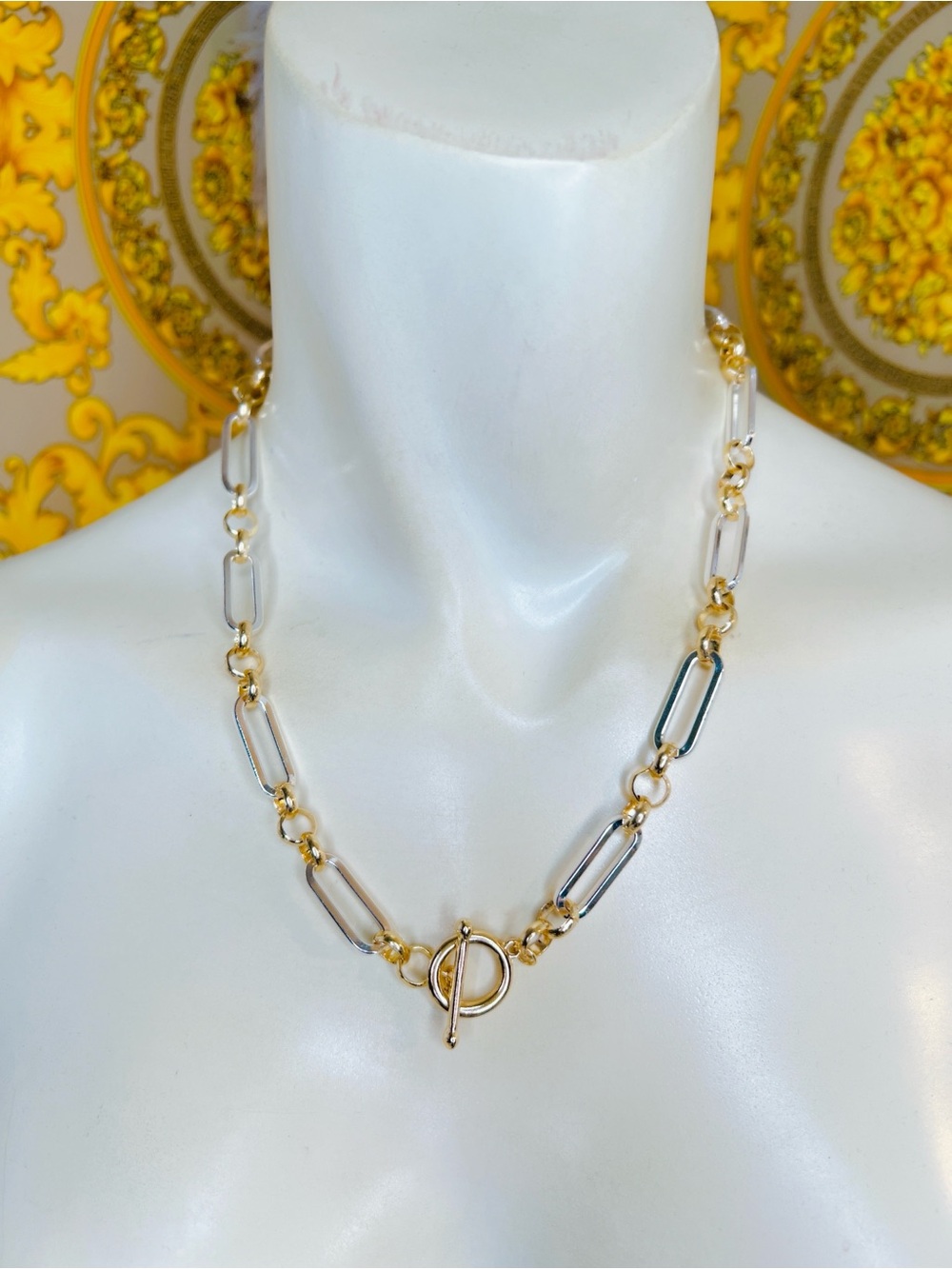18k white yellow gold 2 tone plated Toggle paperclip 18” necklace ⭐️